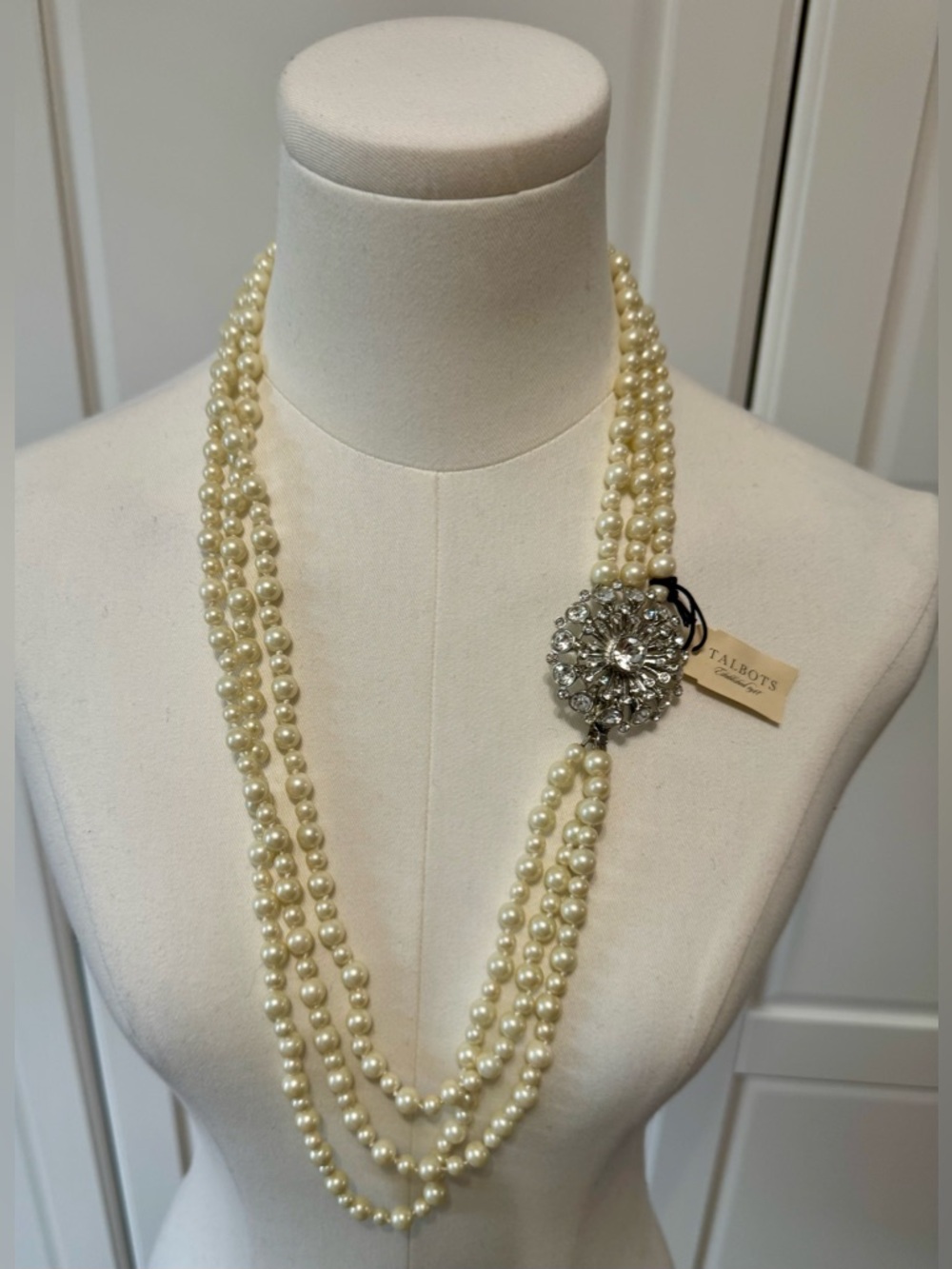 Talbots Ivory Multi-Strand Faux Pearl Necklace with Rhinestone Brooch NWT